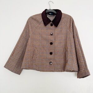 ALICIA BLUE Collared Button Down Plaid Cropped Jacket Size L